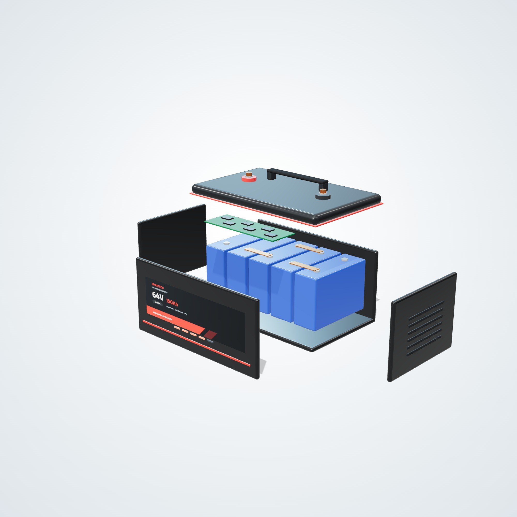 64V 150Ah Lithium E-Rickshaw Battery - inside view (3D illustration)